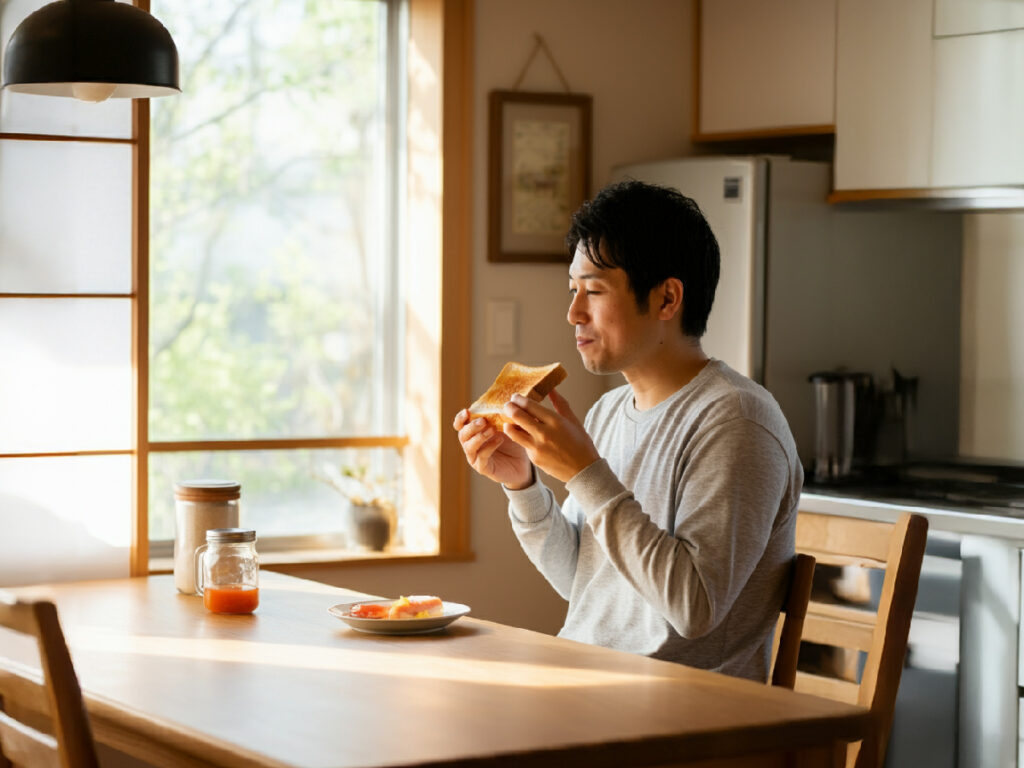 朝食を食べる男性