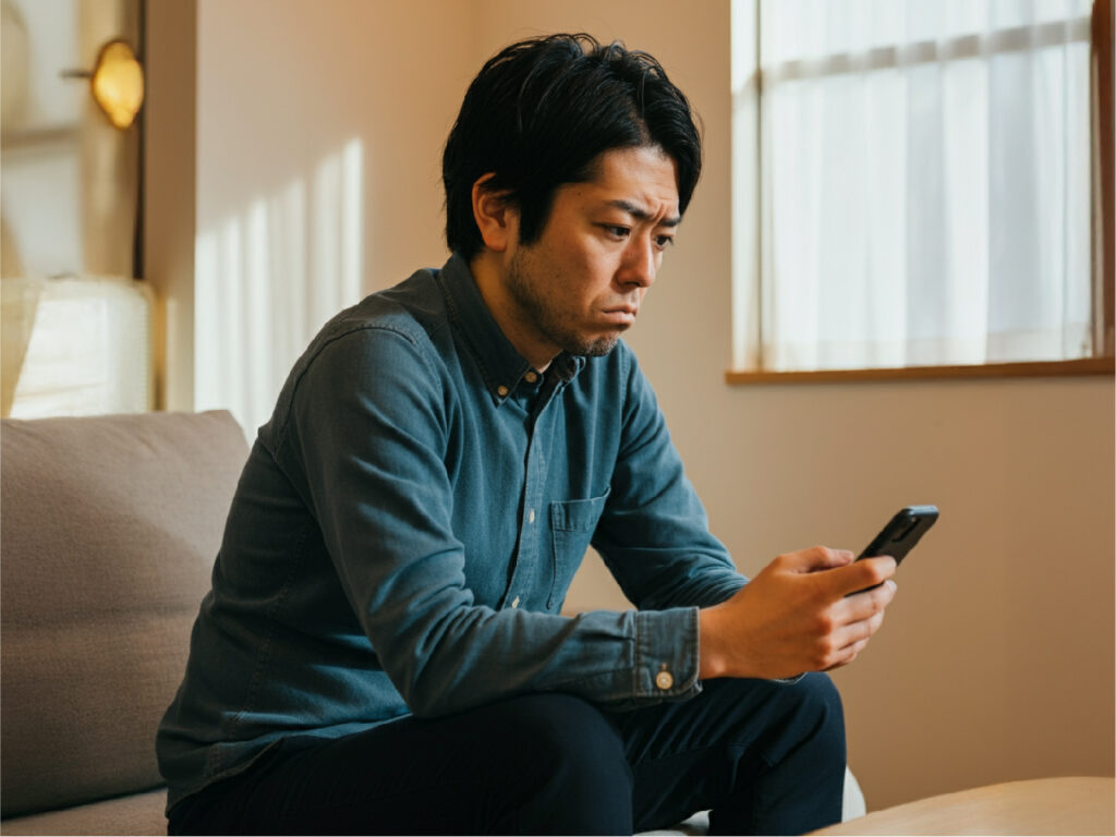 解らないことをスマホで検索する男性