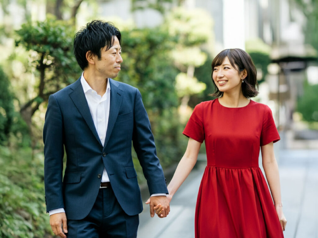 手をつないで歩く男性と女性