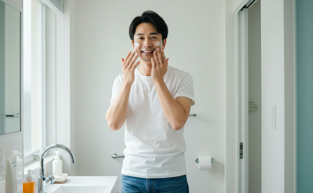 日焼け止めを塗る50代の男性