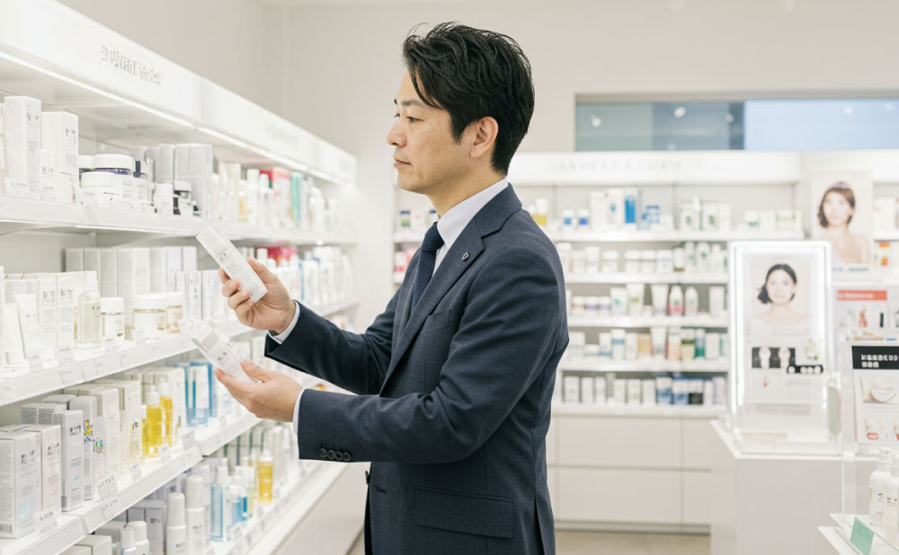 日焼け止めを選ぶ50代の男性