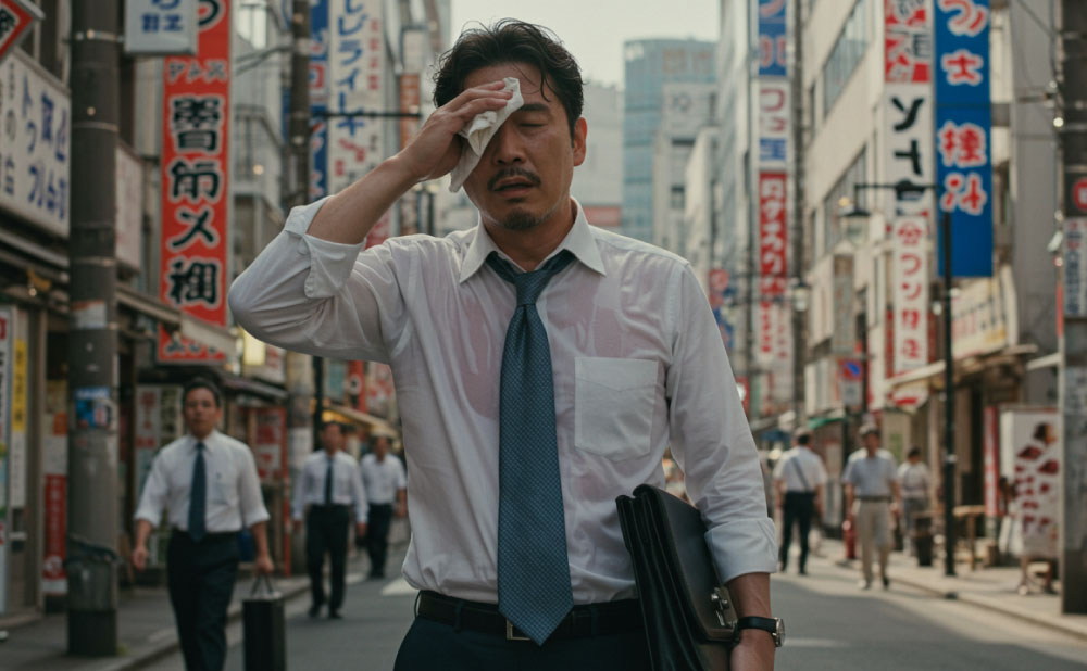 汗をかきすぎて日焼け止めが流れた50代の男性