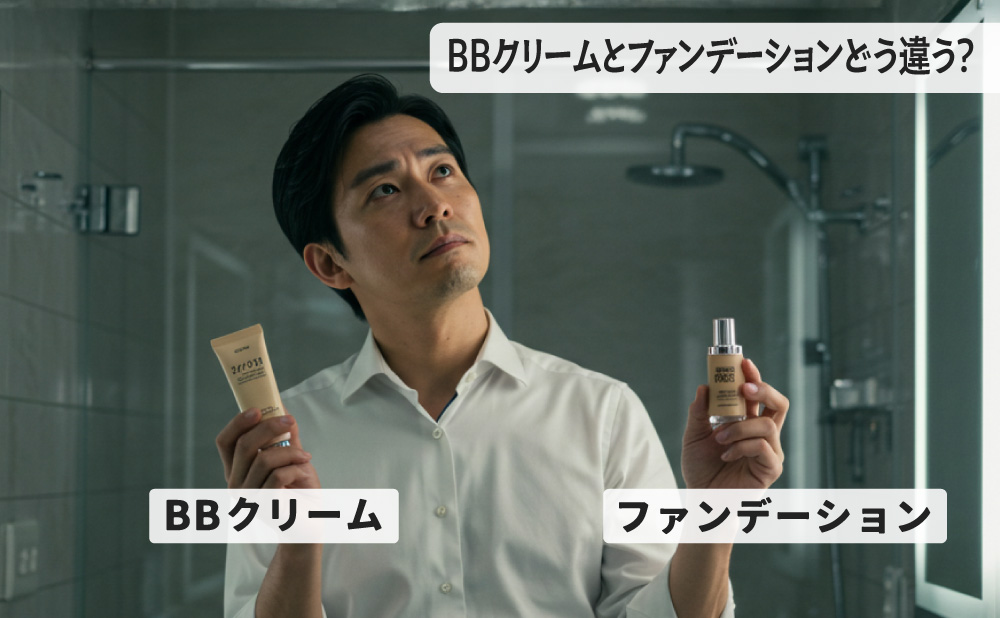 BBクリームとファンデーションを持ってどちらを使うか悩む男性