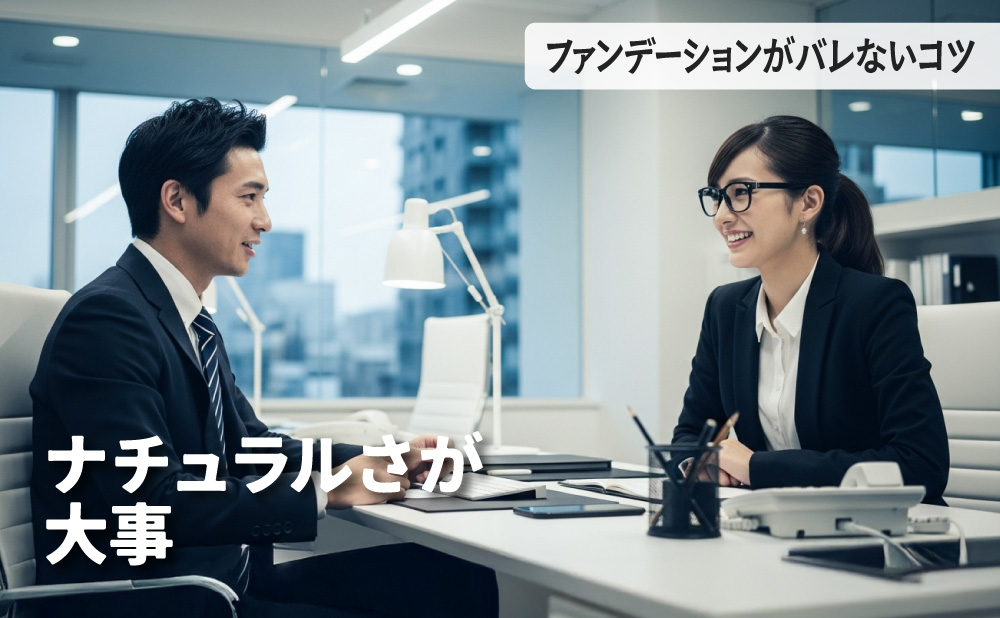 ファンデーションを塗った男性が女性と楽しそうに会話している