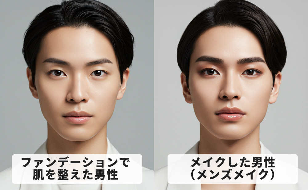 ファンデーションで肌を整えた男性とメンズメイクをした男性