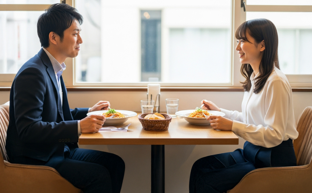 女性とランチデートする男性