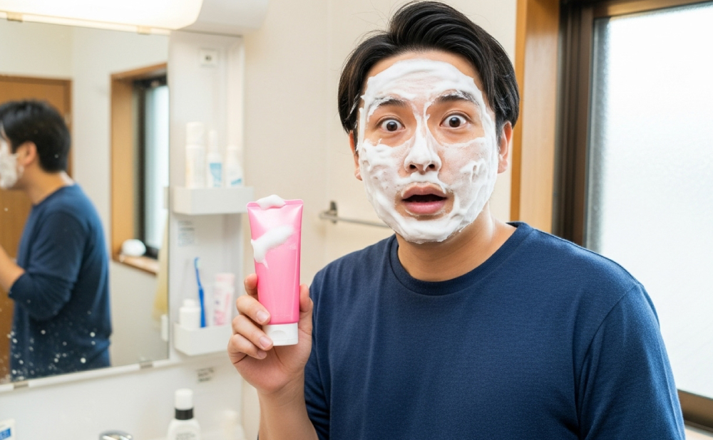 女性用の洗顔料を使った男性