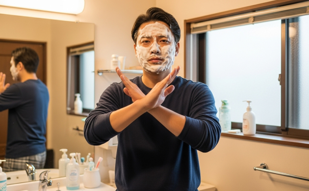 洗面所の前で×のサインを出す男性
