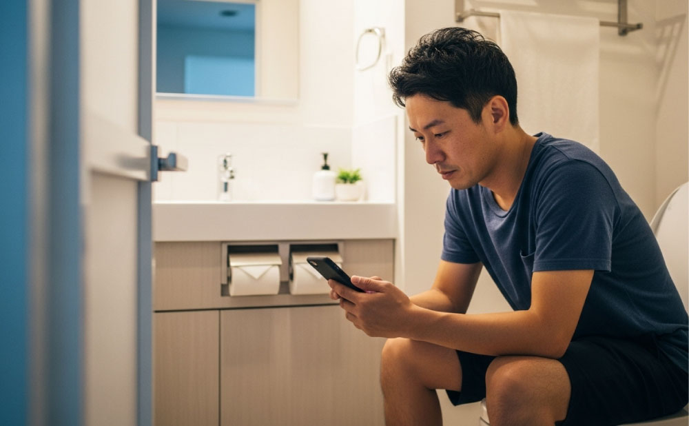 アテニア-ファンケル-クレンジングの違いをスマホで検索する男性