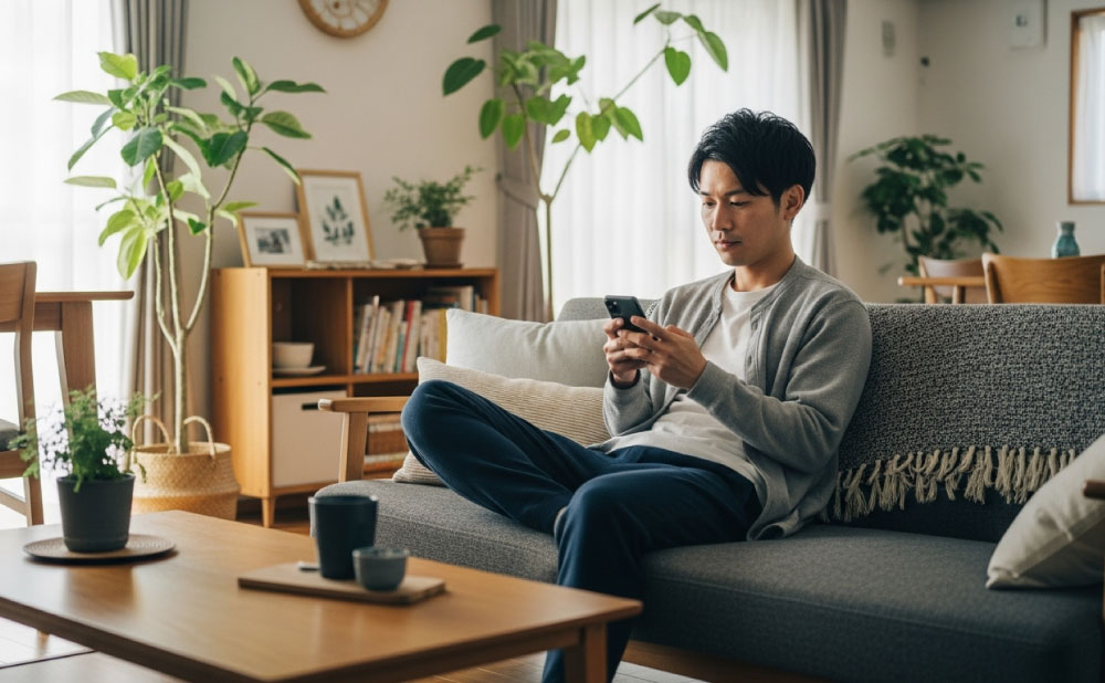 オルビスミスターのクレンザーとウォッシュの違いを検索して口コミを調べる男性