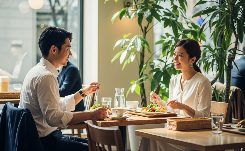カフェでランチデートする男性