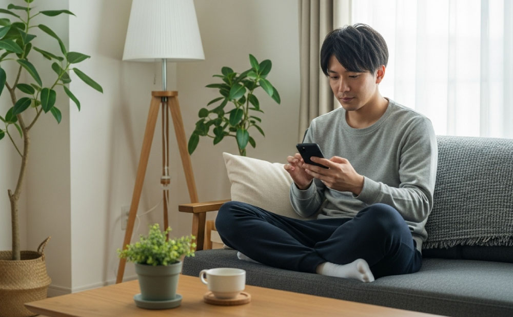 スマホでオルビス-ミスターウォッシュの口コミを調べる男性