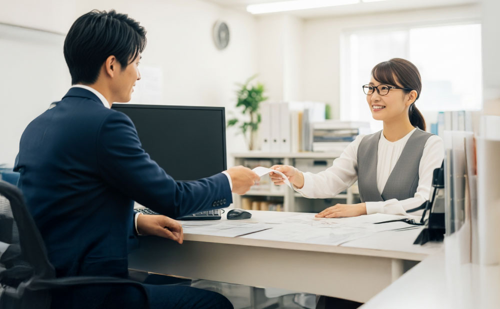 会社で経理に領収書を渡す男性