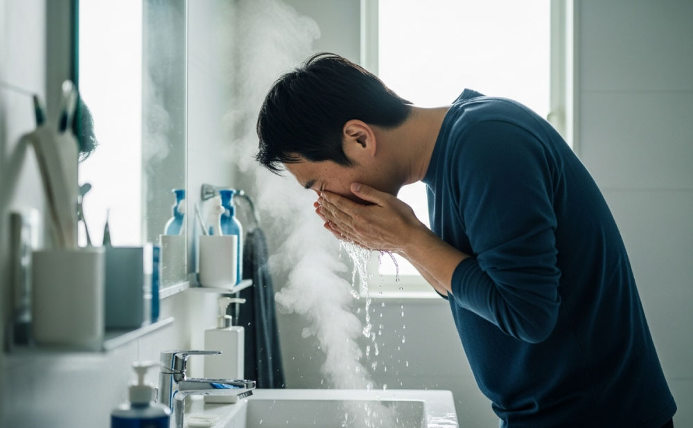 顔を洗う男性
