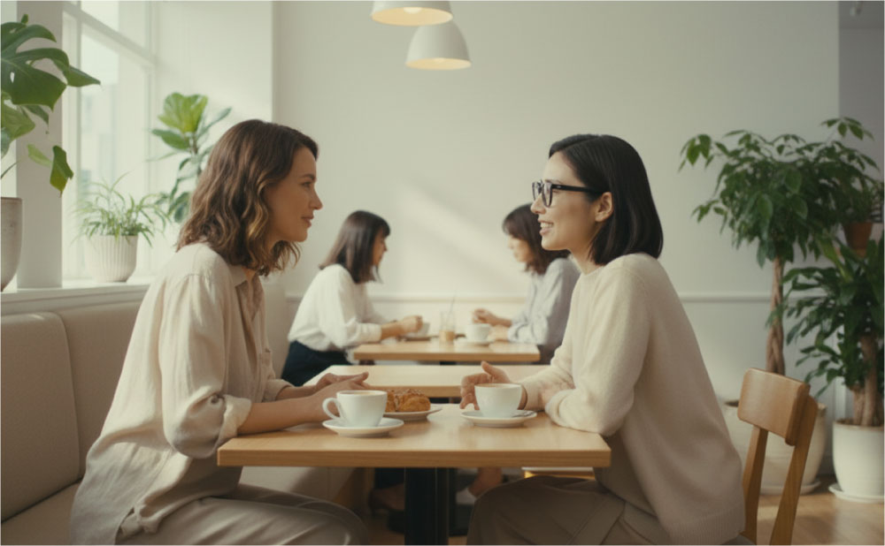 クレンザーと洗顔料の違いについて話す日本人と外国人の女性