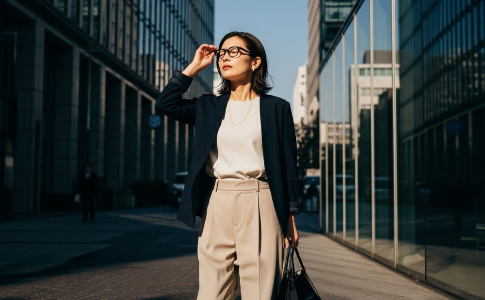 季節によってSPFを使い分けたい-オフィス街を眩しそうに歩く女性