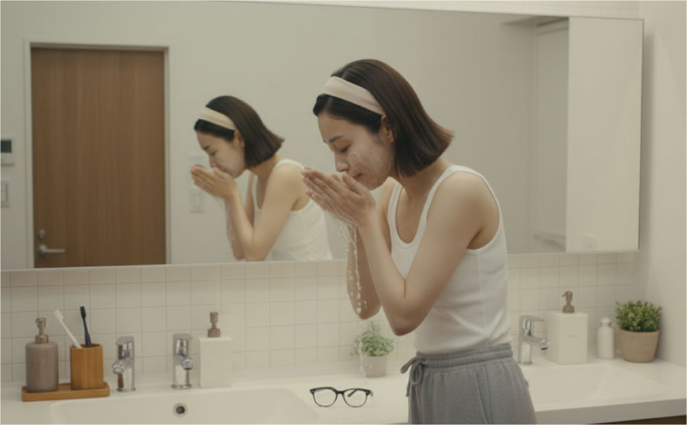 自宅の洗面所で顔を洗う女性2