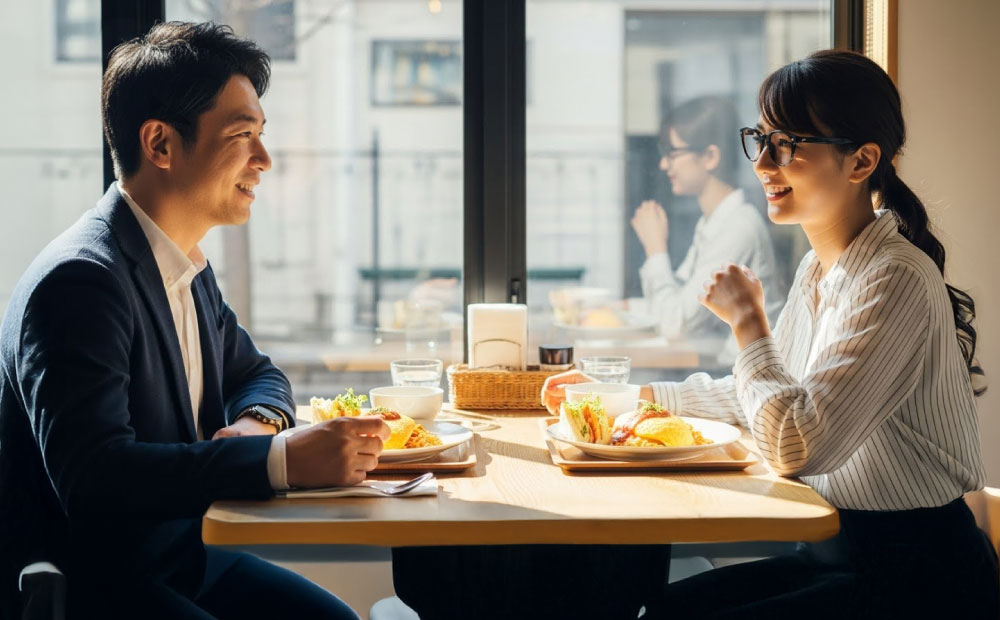 同僚とランチデートする男性