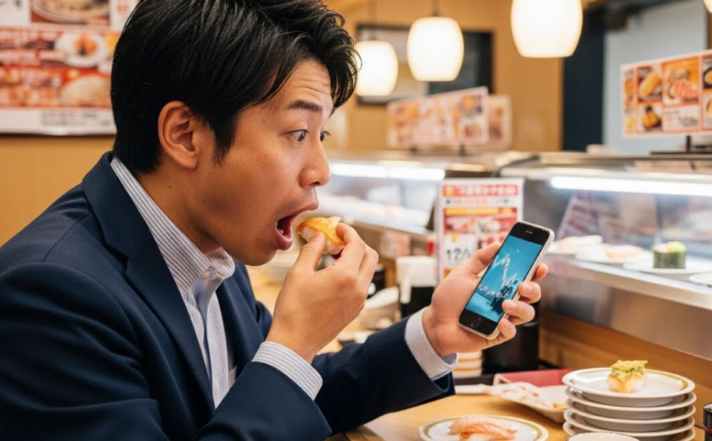 男のスキンケアは気持ち悪い_スシローで寿司を食べながらメンズスキンケアの株価に驚く男性