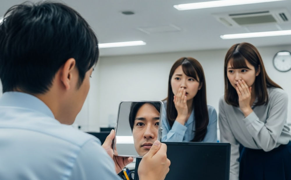 男のスキンケアは気持ち悪い_デスクで鏡を見る男性