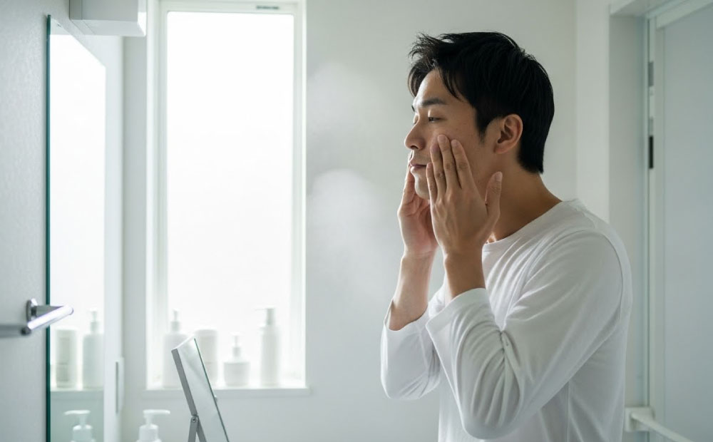 男のスキンケアは気持ち悪い_自宅の洗面所で化粧水を付ける男性