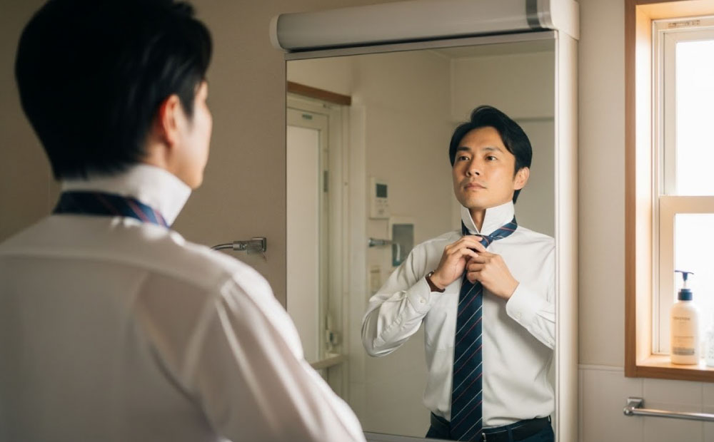 男のスキンケアは気持ち悪い_鏡の前でネクタイを締める男性