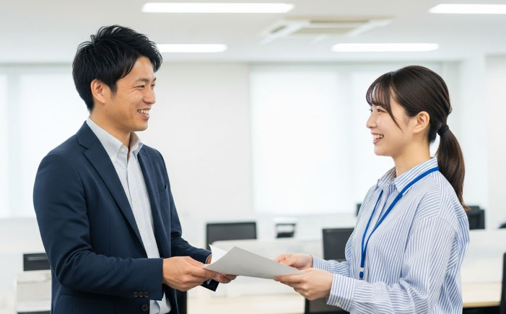 男のハンドクリームは気持ち悪い_オフィスで書類を渡す男性