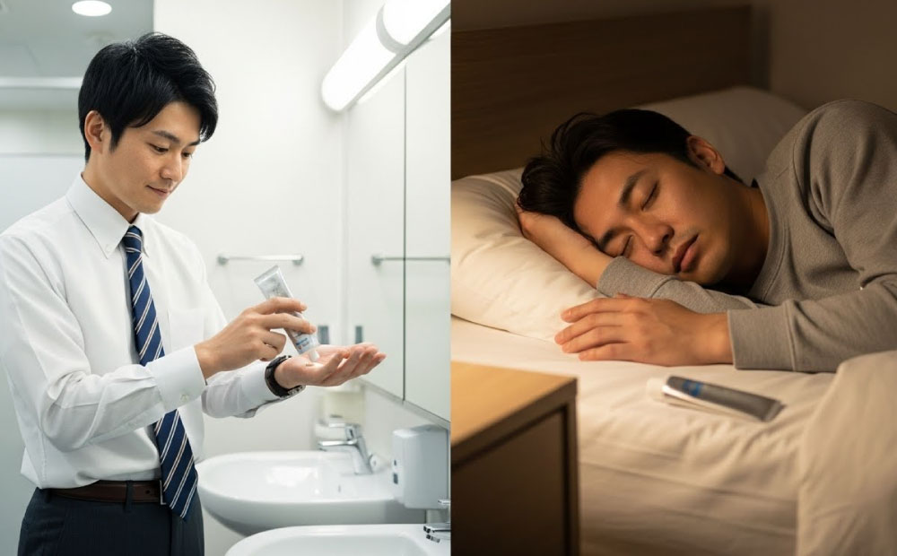 男のハンドクリームは気持ち悪い_ハンドクリームを塗る男性と枕元にハンドクリーム