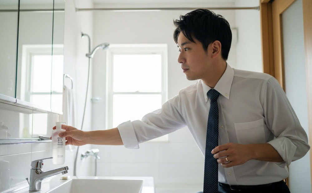 男の化粧水は気持ち悪い_化粧水を手に取る男性