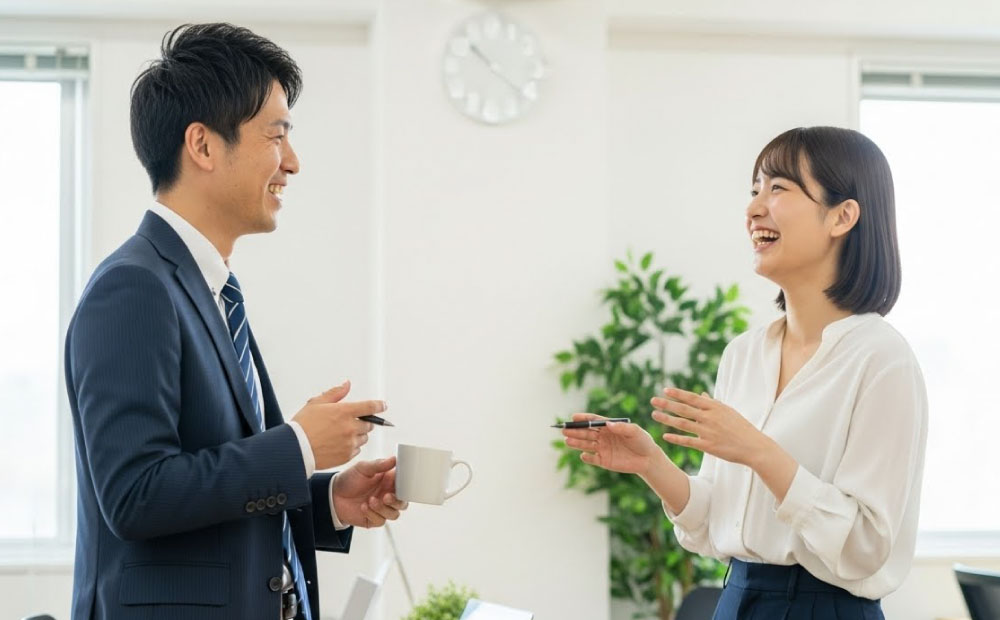 男の化粧水は気持ち悪い_女性と楽しそうに会話する男性