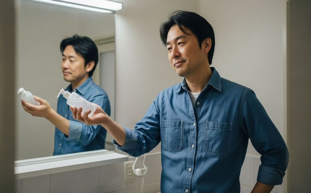 男の化粧水は気持ち悪い_洗面所で化粧水を持つ男性
