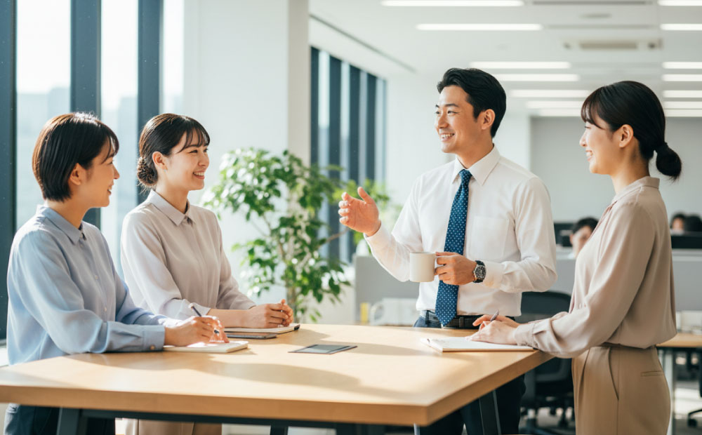 会社で女性社員と楽しそうに会話する男性