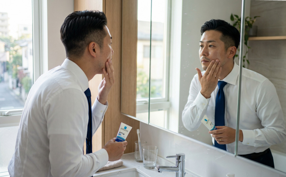 ラロッシュポゼの日焼け止めを塗る男性