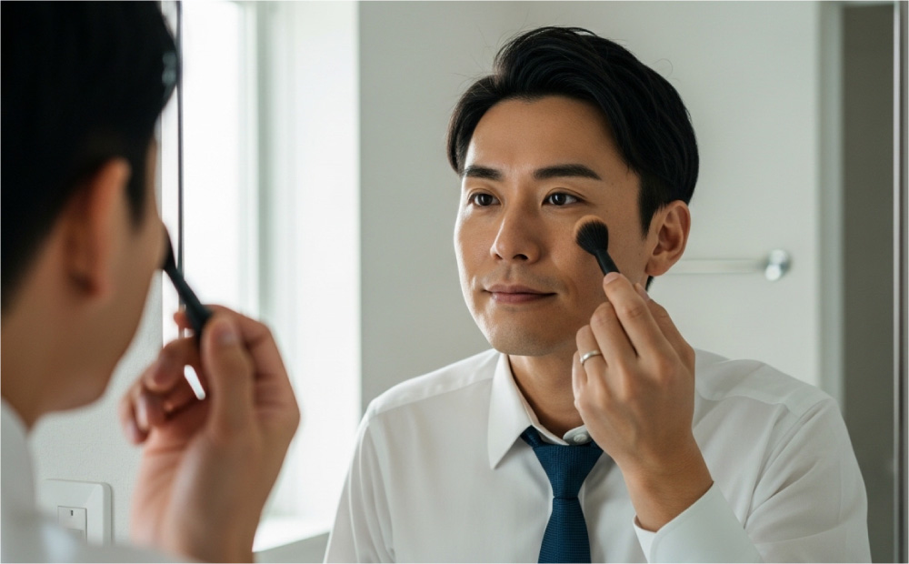 鏡の前でメイクするおじさん