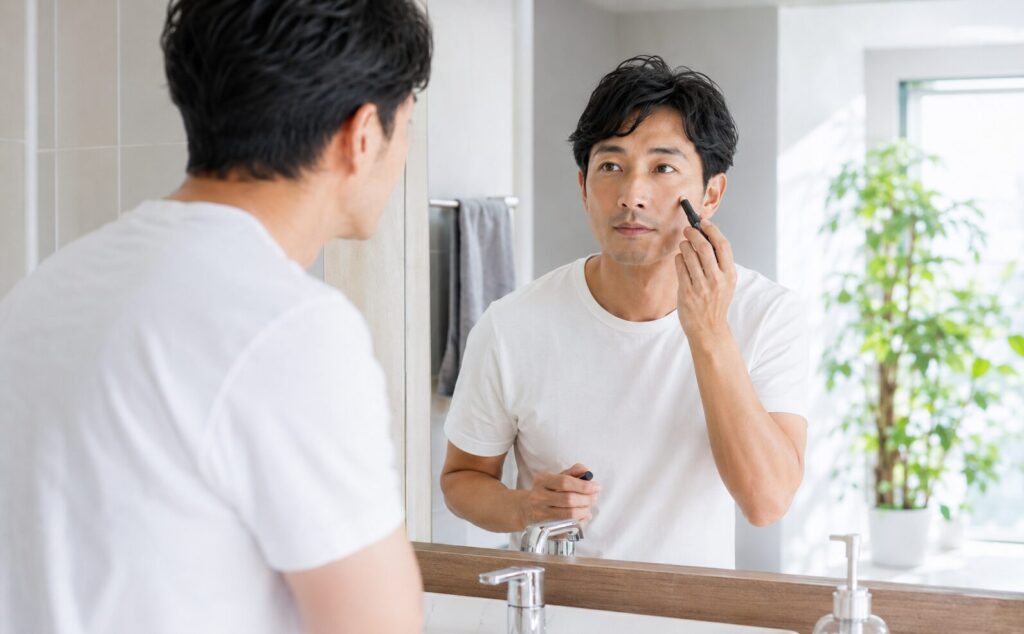 コンシーラーを濃いシミに塗る男性