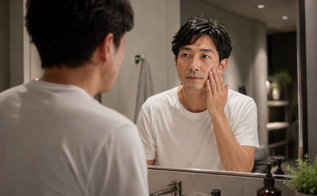 下地だけでは肌悩みが隠れず困る洗面所で鏡を見ている男性