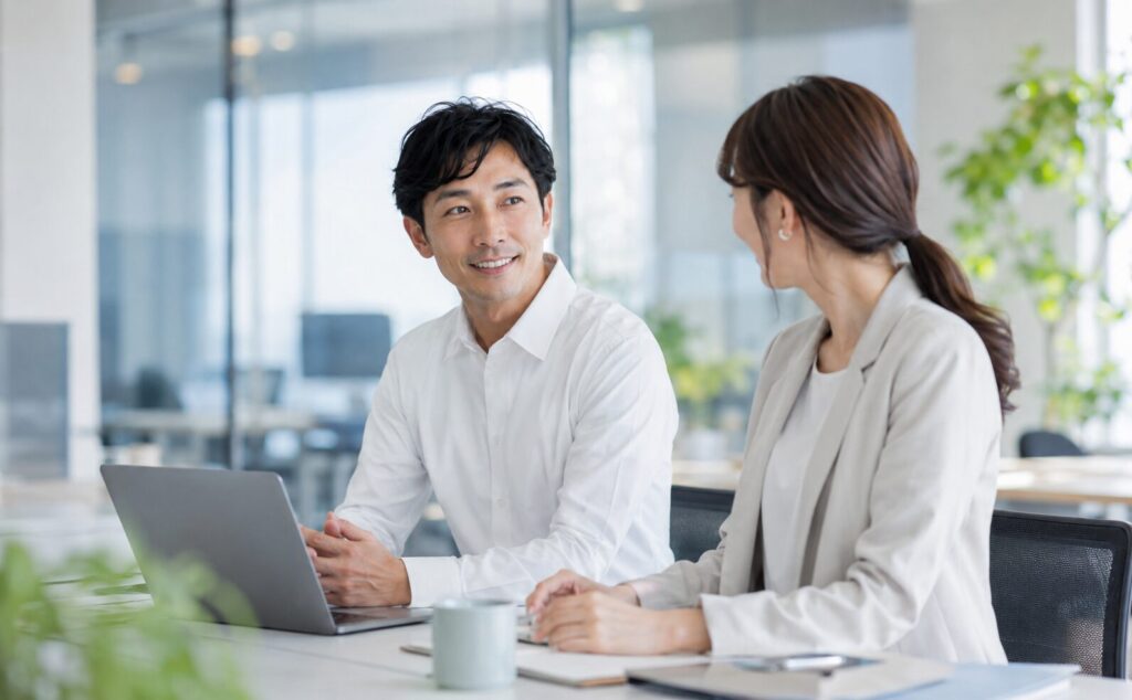 下地だけで肌が整った男性が女性社員と談笑