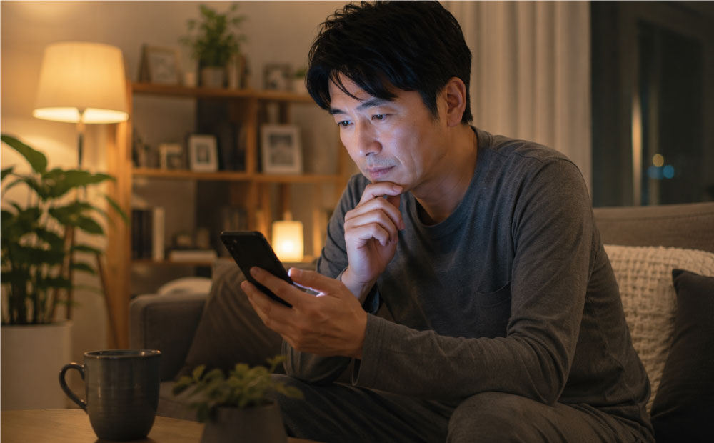 分からないことをスマホで検索する男性