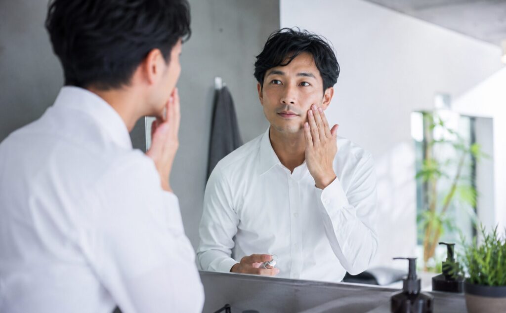 自宅の洗面所で下地だけを塗る男性